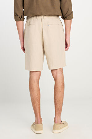 %100 Keten Regular Fit Normal Kesim Lastik Bel Detaylı Bej Şort
