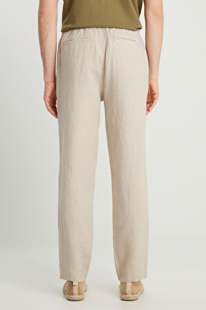 %100 Keten Regular Fit Normal Kesim Normal Bel Düz Paça Bej Pantolon
