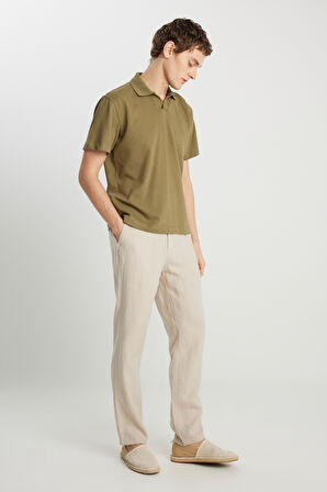 %100 Keten Regular Fit Normal Kesim Normal Bel Düz Paça Bej Pantolon