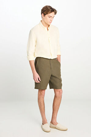 %100 Keten Regular Fit Normal Kesim Lastik Bel Detaylı Haki Şort