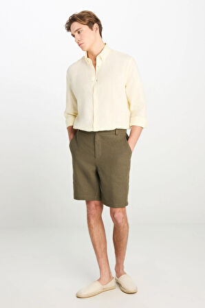 %100 Keten Regular Fit Normal Kesim Lastik Bel Detaylı Haki Şort