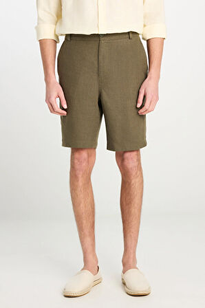 %100 Keten Regular Fit Normal Kesim Lastik Bel Detaylı Haki Şort