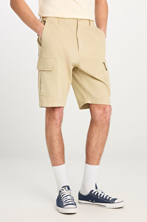 %100 Pamuk Relaxed Fit Geniş Kesim Normal Bel Bej Chino Şort