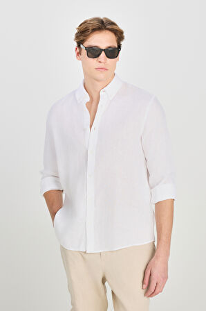 Regular Fit Normal Kesim Beyaz Keten Gömlek