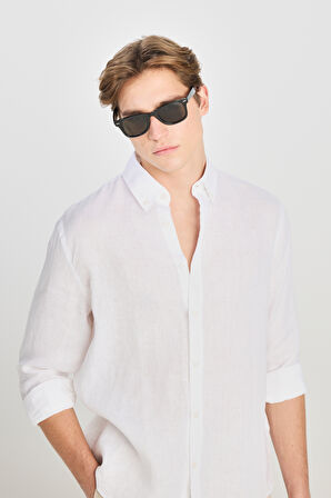 Regular Fit Normal Kesim Beyaz Keten Gömlek