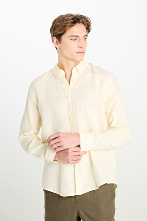 Regular Fit Normal Kesim Sarı Keten Gömlek