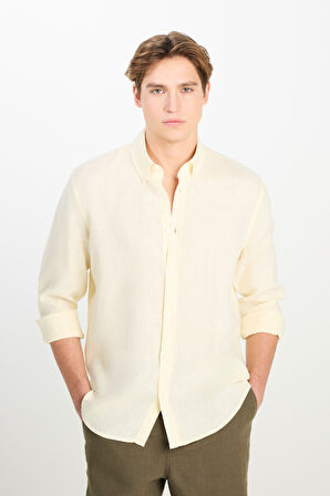 Regular Fit Normal Kesim Sarı Keten Gömlek