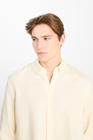 Regular Fit Normal Kesim Sarı Keten Gömlek