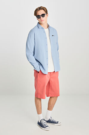 %100 Pamuk Relaxed Fit Geniş Kesim Mavi Müslin Gömlek