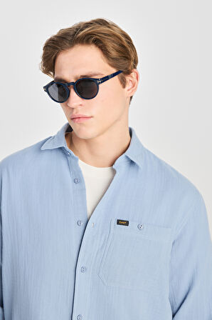 %100 Pamuk Relaxed Fit Geniş Kesim Mavi Müslin Gömlek