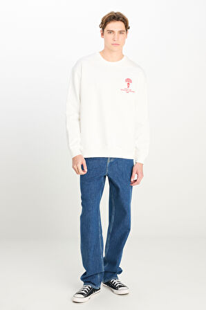 Loose Fit Rahat Kesim Bisiklet Yaka Beyaz Sweatshirt