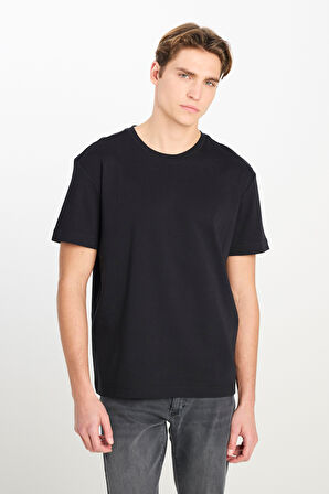 %100 Pamuk Relaxed Fit Geniş Kesim Bisiklet Yaka Siyah Basic T-shirt