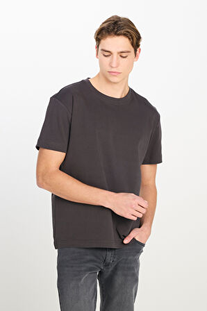 %100 Pamuk Relaxed Fit Geniş Kesim Bisiklet Yaka Antrasit Basic T-shirt