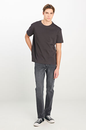 %100 Pamuk Relaxed Fit Geniş Kesim Bisiklet Yaka Antrasit Basic T-shirt