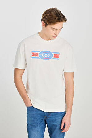 %100 Pamuk Relaxed Fit Geniş Kesim Bisiklet Yaka Baskılı Ekru Tişört