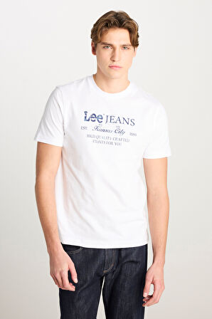 %100 Pamuk Regular Fit Normal Kesim Bisiklet Yaka Beyaz Baskılı Tişört