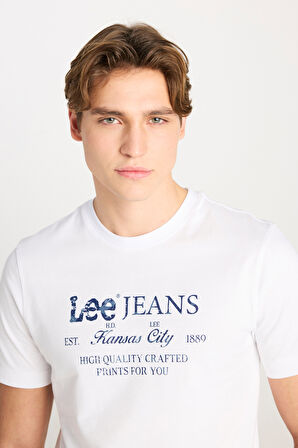 %100 Pamuk Regular Fit Normal Kesim Bisiklet Yaka Beyaz Baskılı Tişört