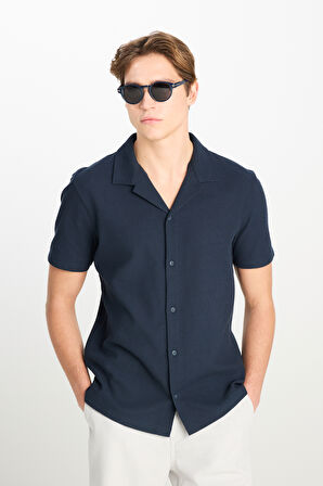 Relaxed Fit Geniş Kesim Lacivert Pamuklu Gömlek