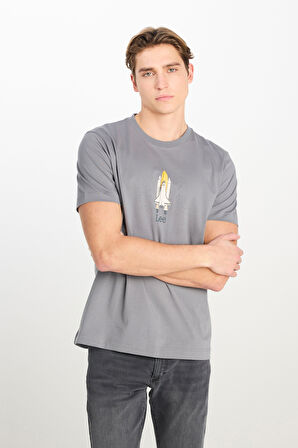 %100 Pamuk Regular Fit Normal Kesim Bisiklet Yaka Baskılı Gri Tişört