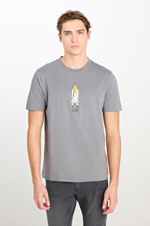 %100 Pamuk Regular Fit Normal Kesim Bisiklet Yaka Baskılı Gri Tişört