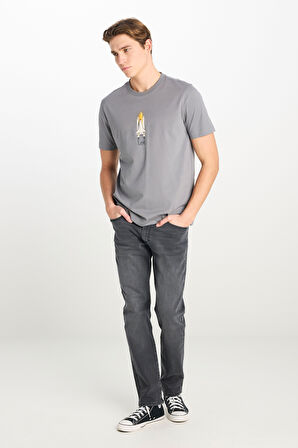 %100 Pamuk Regular Fit Normal Kesim Bisiklet Yaka Baskılı Gri Tişört