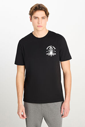 %100 Pamuk Regular Fit Normal Kesim Bisiklet Yaka Baskılı Siyah Tişört