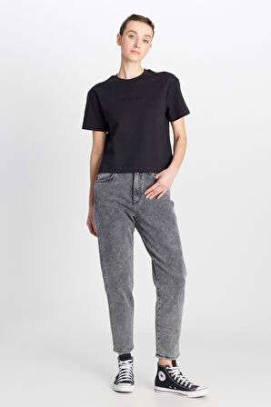 %100 Pamuk Relaxed Fit Geniş Kesim Bisiklet Yaka Siyah Tişört