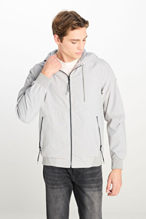 Regular Fit Normal Kesim Kapüşonlu Gri Yağmurluk Ceket