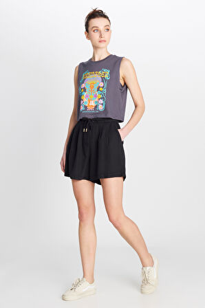 Relaxed Fit Geniş Kesim Yumuşak Dokulu Bağcıklı Siyah Şort