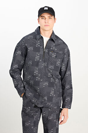 %100 Pamuk Loose Fit Rahat Kesim Fermuar Detaylı Desenli Siyah Ceket