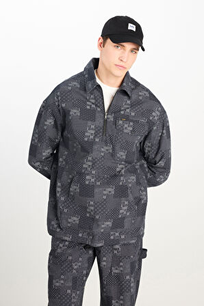 %100 Pamuk Loose Fit Rahat Kesim Fermuar Detaylı Desenli Siyah Ceket