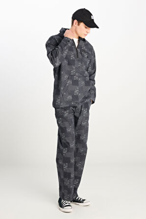 %100 Pamuk Loose Fit Rahat Kesim Fermuar Detaylı Desenli Siyah Ceket