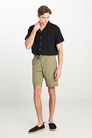 Relaxed Fit Geniş Kesim Lastik Bel Detaylı Esnek Haki Chino Şort