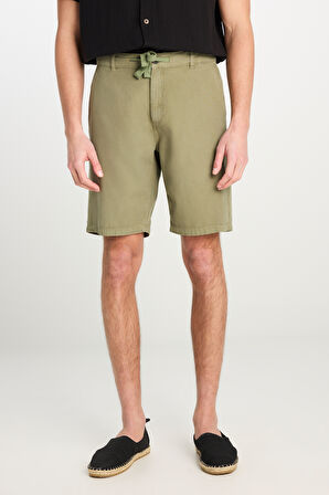 Relaxed Fit Geniş Kesim Lastik Bel Detaylı Esnek Haki Chino Şort