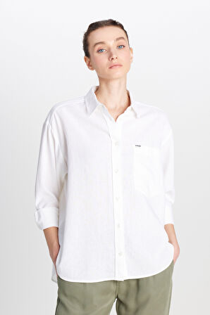 Relaxed Fit Geniş Kesim Keten Karışımlı Beyaz Gömlek