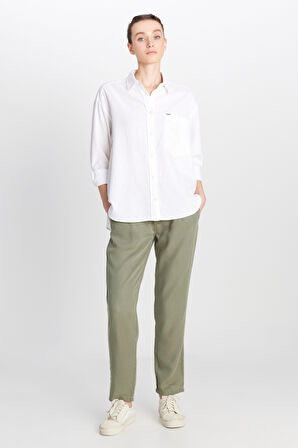 Relaxed Fit Geniş Kesim Keten Karışımlı Beyaz Gömlek