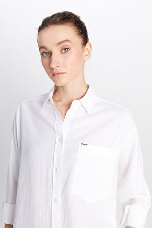 Relaxed Fit Geniş Kesim Keten Karışımlı Beyaz Gömlek