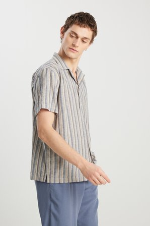 Relaxed Fit Geniş Kesim Pamuk Keten Karışımlı Çizgili Gömlek