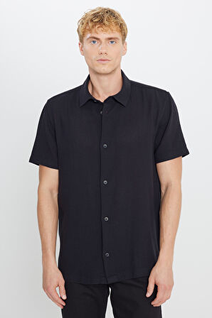 %100 Pamuk Relaxed Fit Geniş Kesim Kısa Kollu Siyah Gömlek