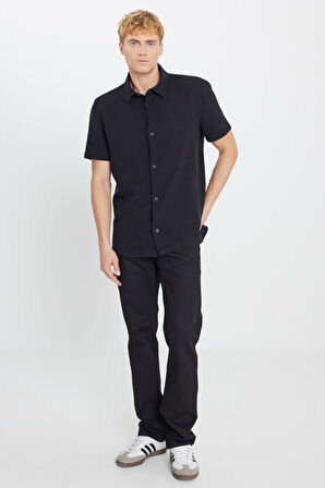 %100 Pamuk Relaxed Fit Geniş Kesim Kısa Kollu Siyah Gömlek