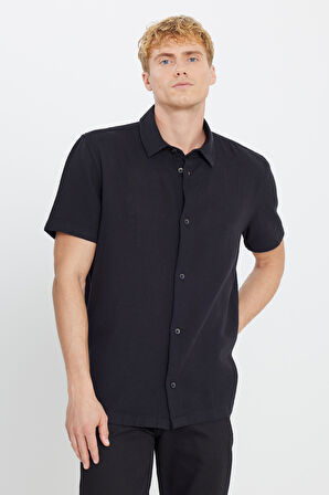 %100 Pamuk Relaxed Fit Geniş Kesim Kısa Kollu Siyah Gömlek