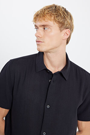 %100 Pamuk Relaxed Fit Geniş Kesim Kısa Kollu Siyah Gömlek