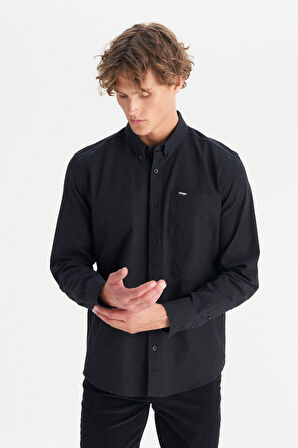 %100 Pamuk Regular Fit Normal Kesim Cep Detaylı Siyah Gömlek