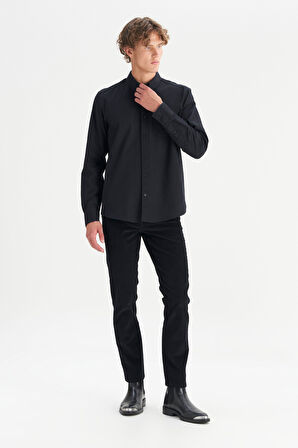 %100 Pamuk Regular Fit Normal Kesim Cep Detaylı Siyah Gömlek