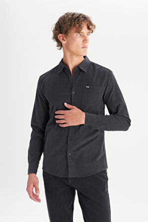 %100 Pamuk Regular Fit Normal Kesim Klasik Yaka Cepli Kadife Gömlek