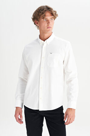 %100 Pamuk Regular Fit Normal Kesim Cep Detaylı Beyaz Gömlek