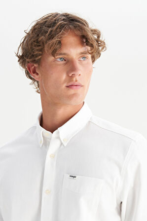 %100 Pamuk Regular Fit Normal Kesim Cep Detaylı Beyaz Gömlek