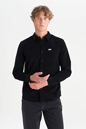 %100 Pamuk Regular Fit Normal Kesim Klasik Yaka Cepli Kadife Gömlek