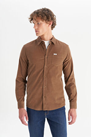 %100 Pamuk Regular Fit Normal Kesim Klasik Yaka Cepli Kadife Gömlek