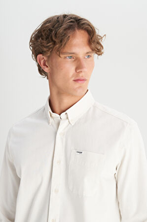 %100 Pamuk Regular Fit Normal Kesim Cep Detaylı Bej Gömlek